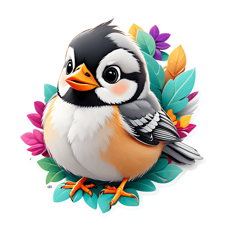 Blackcap chickadee sticker illustration shows a white bird with orange feet nestled among colorful blossoms.