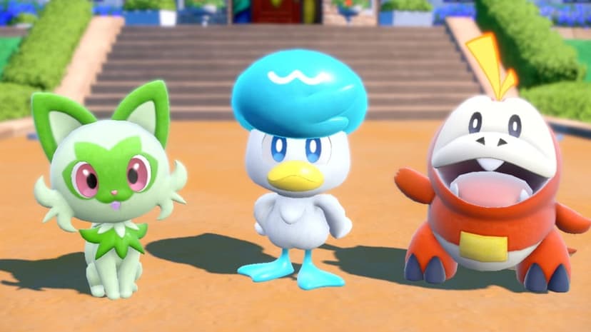 Sprigatito, Quaxly, and Fuecoco standing together on a sunlit path with a soft blurred house in the background.
