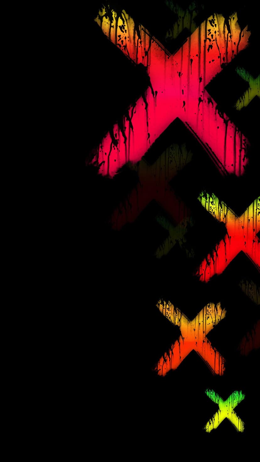 Textured red and yellow X shapes with green paint splatters appear on a solid black background for a dark theme.