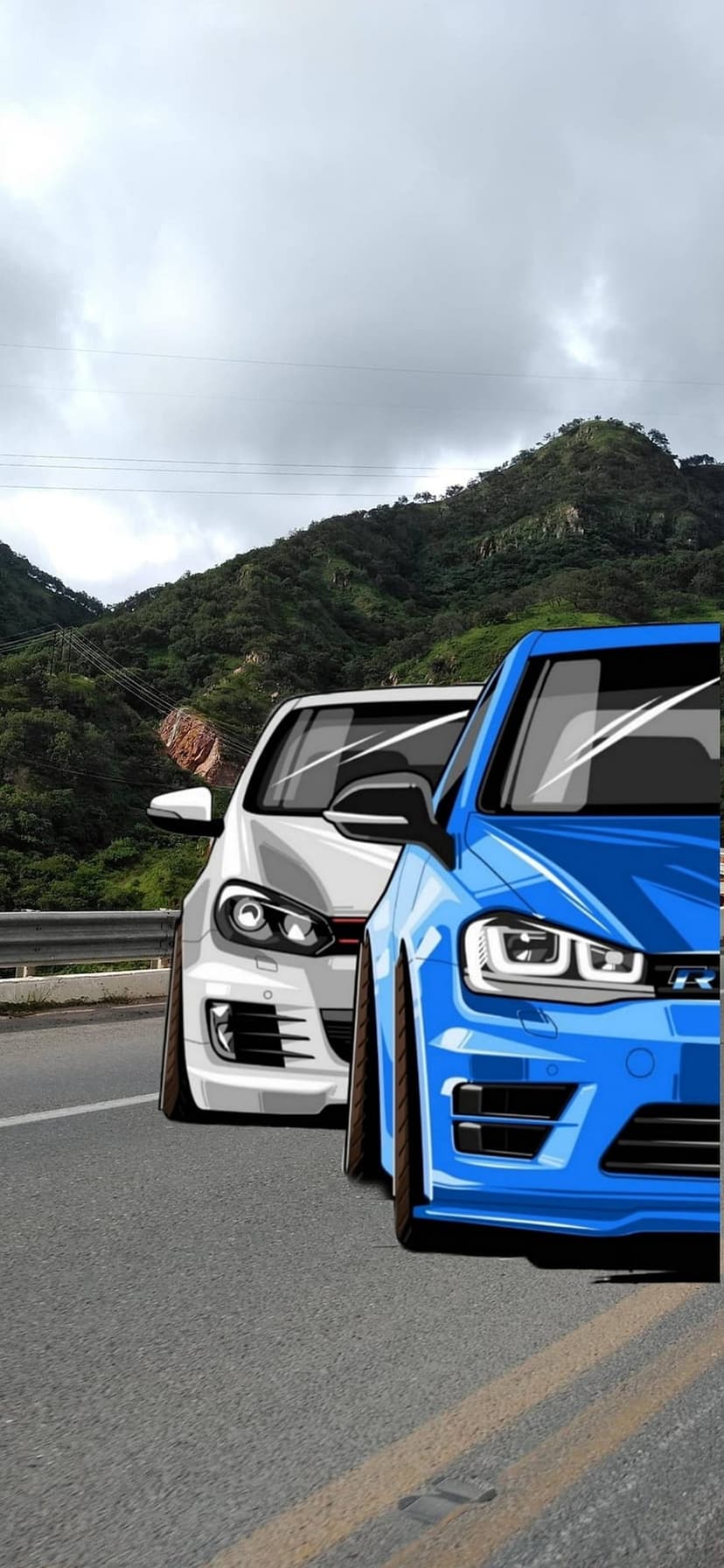 Blue and white Volkswagen Golf cars parked on a mountain road with green hills and a cloudy sky in the background.