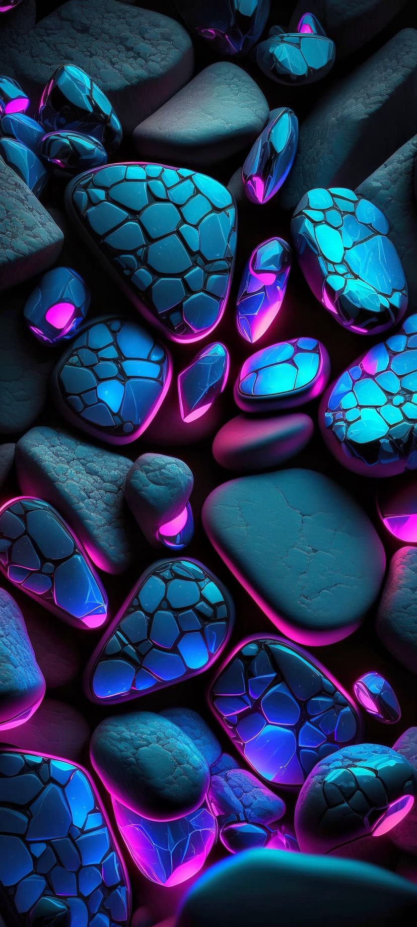 Smooth stones with glowing blue and pink neon cracks emit a vibrant light against a dark, reflective surface.