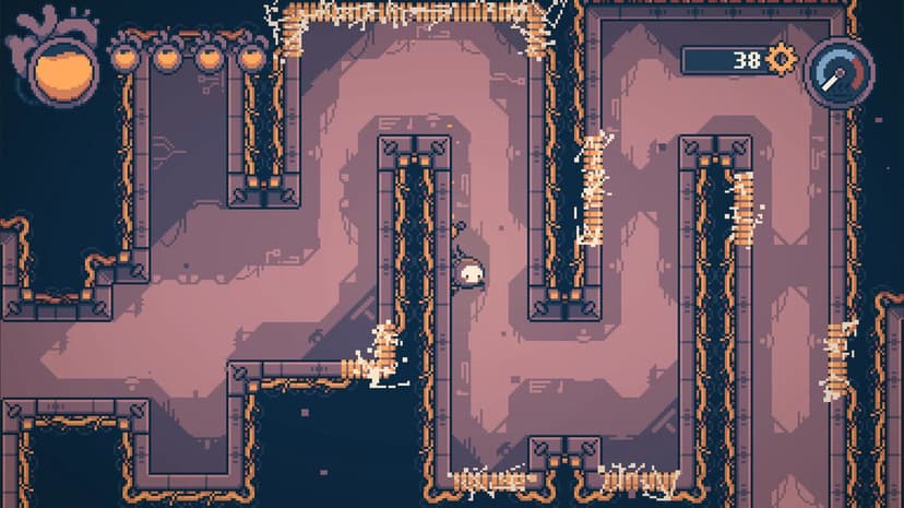White pixel character navigating a purple maze with yellow thorny vines and retro UI elements.