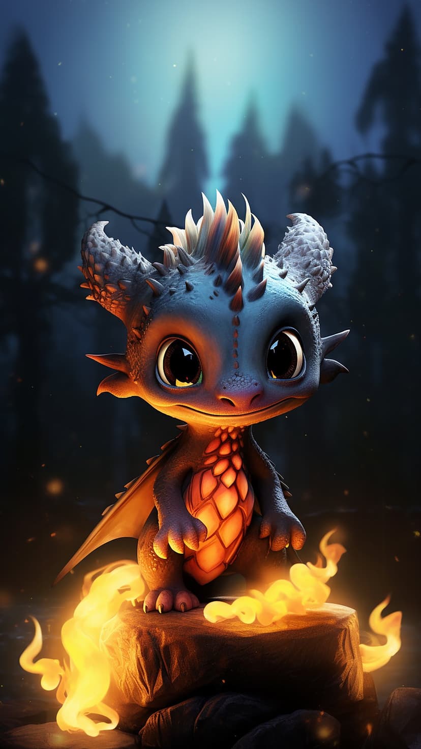 Tiny orange dragon with large eyes and spiky crests sitting on a stone near flickering flames in a dark forest.