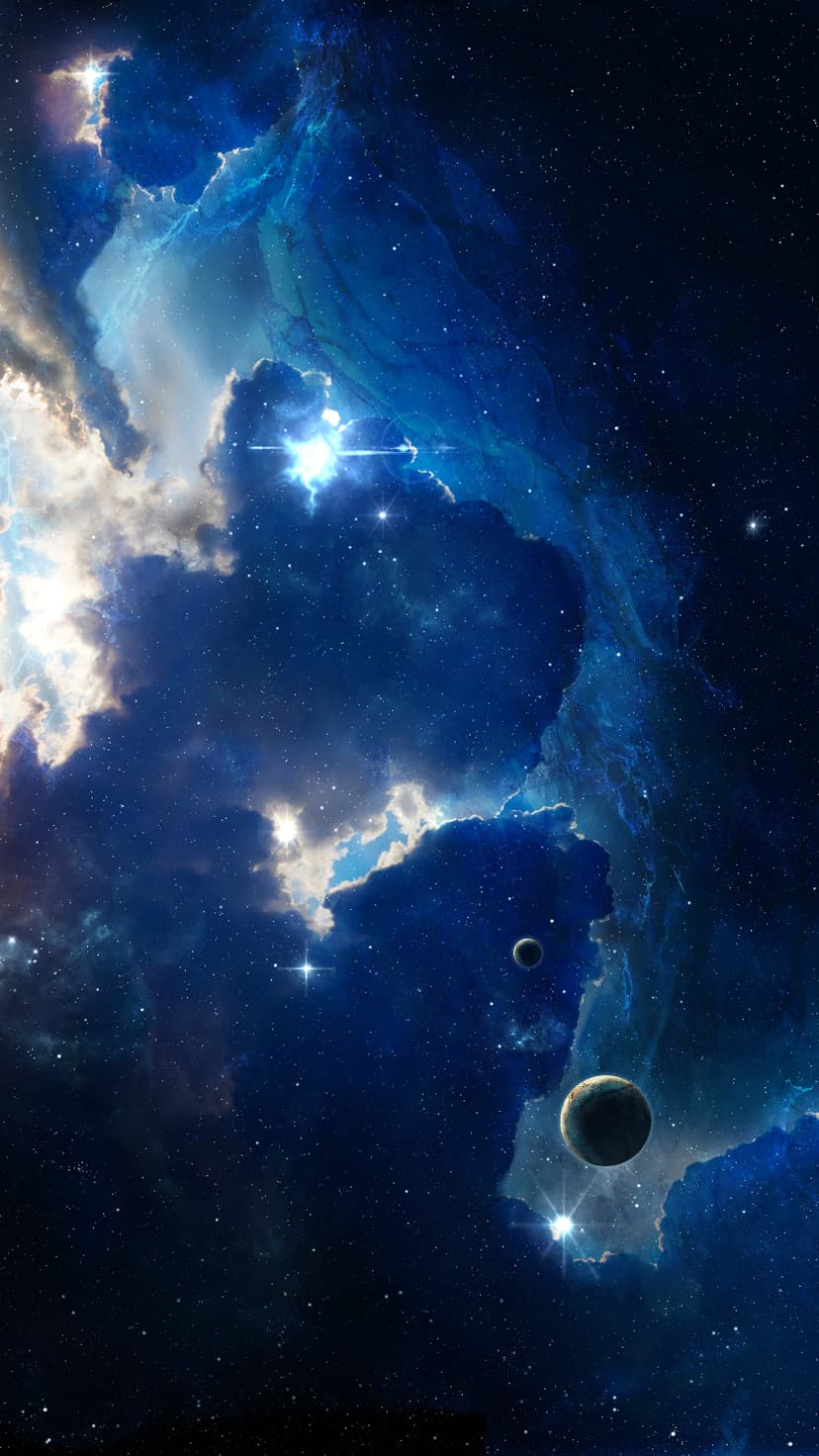Blue glowing nebula clouds surround two spherical planets and distant white stars in the dark vacuum of space.