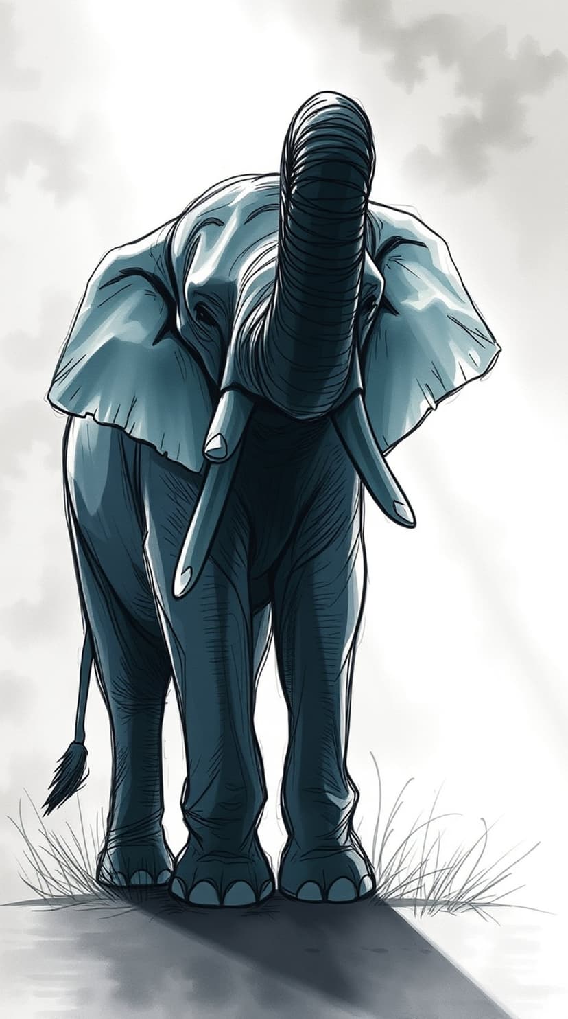 Elephant from a low angle with a raised trunk against a hazy, sun-pierced cloudy sky in blue-gray tones.