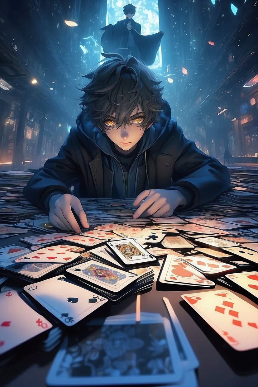Golden-eyed anime boy studies playing cards at a table in a dark, neon-lit casino with a background silhouette.