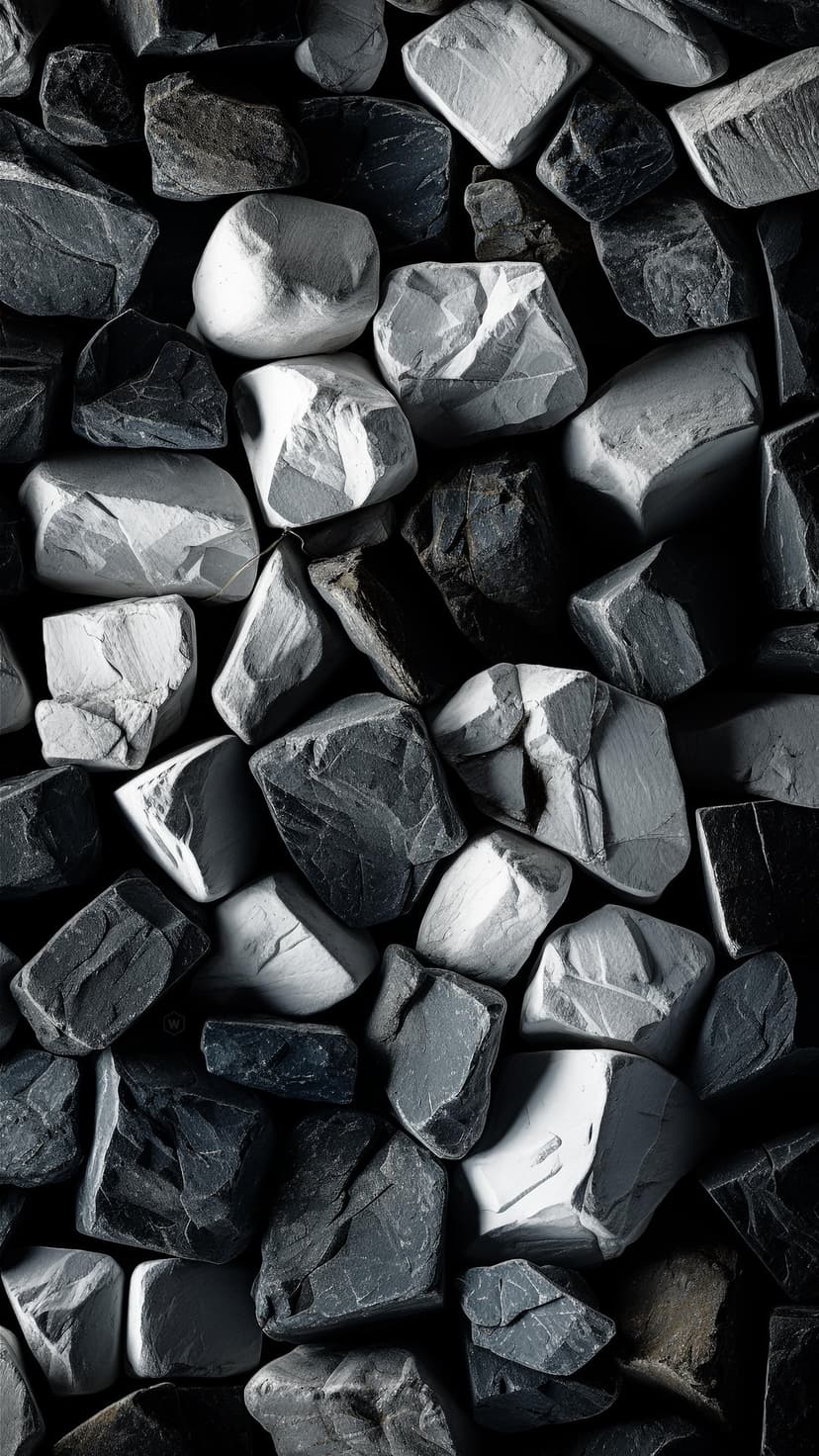 Sharp-edged charcoal and ash grey rocks in an overhead pile with high-contrast shadows and rough textures.