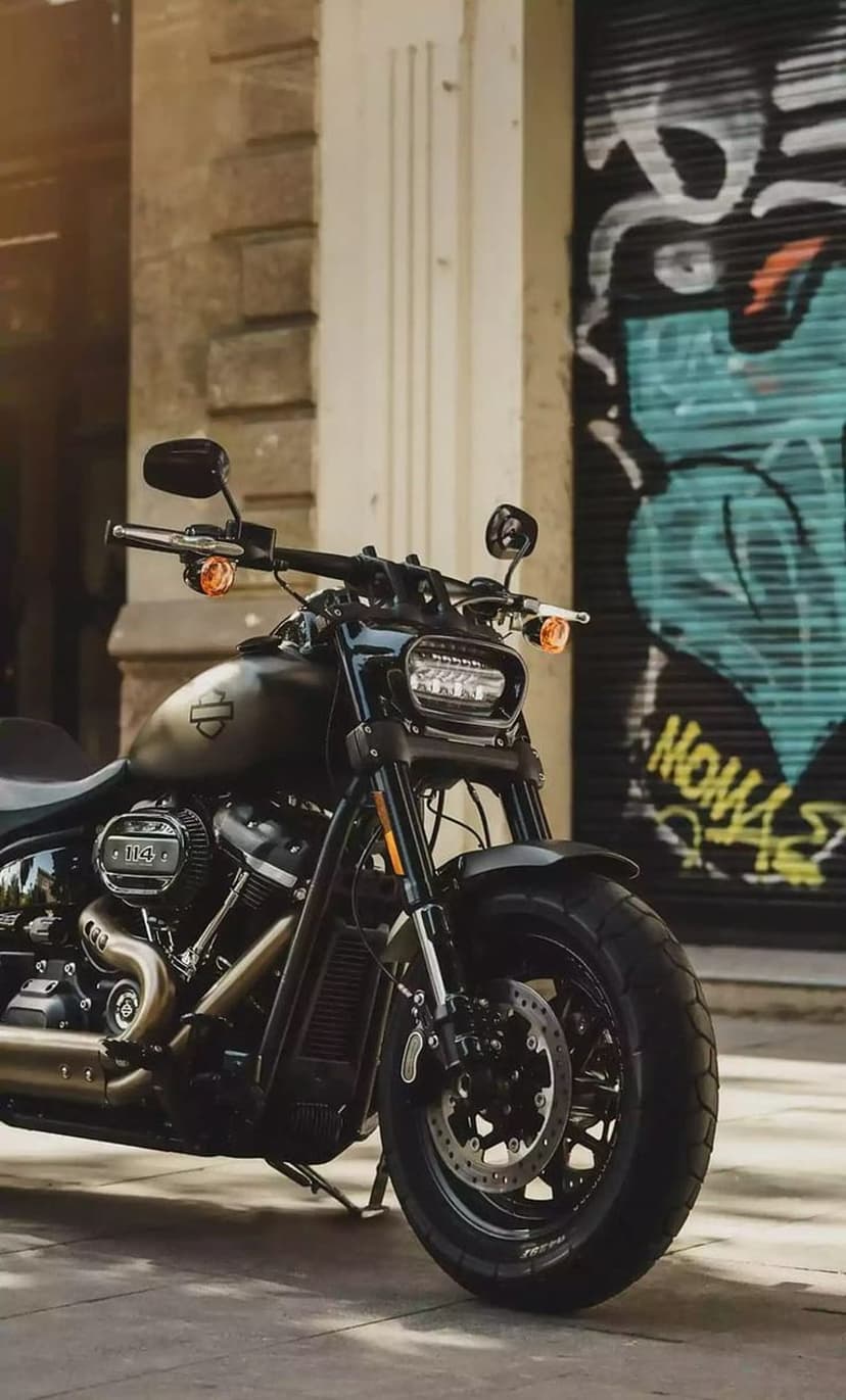 Harley-Davidson Fat Bob motorcycle parked in front of a colorful graffiti door and brick wall on a city street.