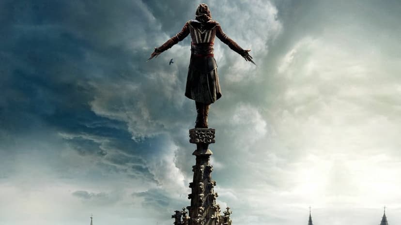 Assassin with outstretched arms standing on a tall stone spire against a moody, overcast cloudy sky.