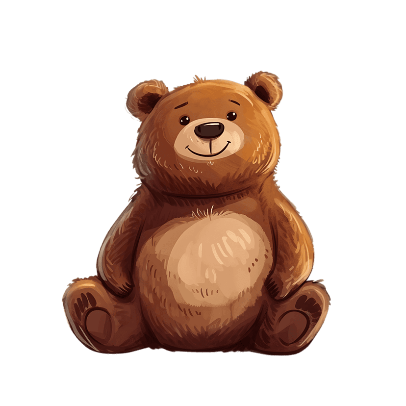 Brown teddy bear illustration in watercolor style features a seated pose with soft fur textures and round ears.