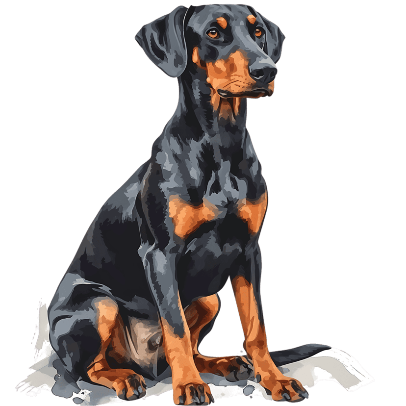 Doberman Pinscher sitting in profile view on a white surface with alert ears and black and tan coat markings.