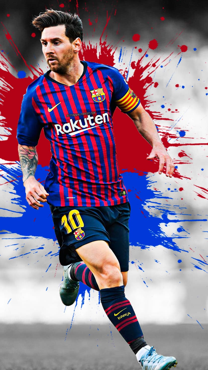 Lionel Messi in a red and blue Barcelona jersey sprints on a grass field with abstract color splashes behind him.