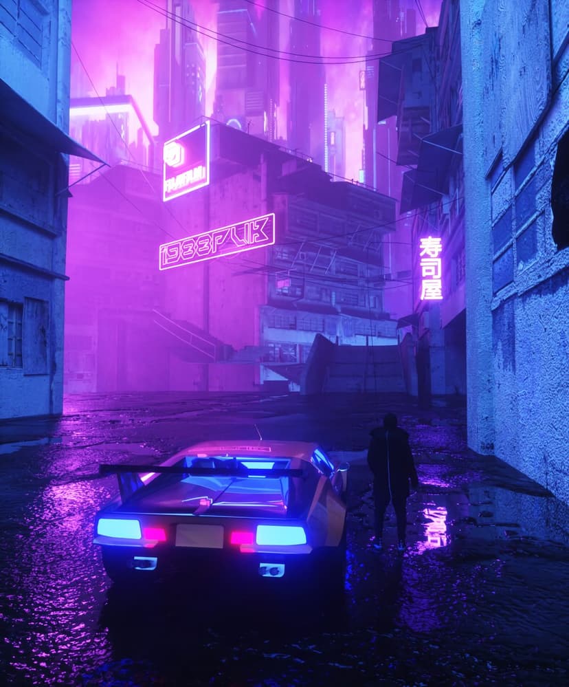 Sleek futuristic sports car parked in a rainy dark alleyway with pink and blue neon signs and a distant figure.