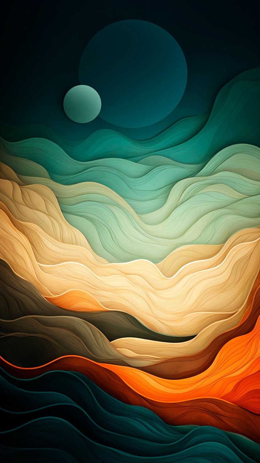 Layered wavy dunes in terracotta and teal sit beneath two glowing celestial orbs in a dark blue night sky.