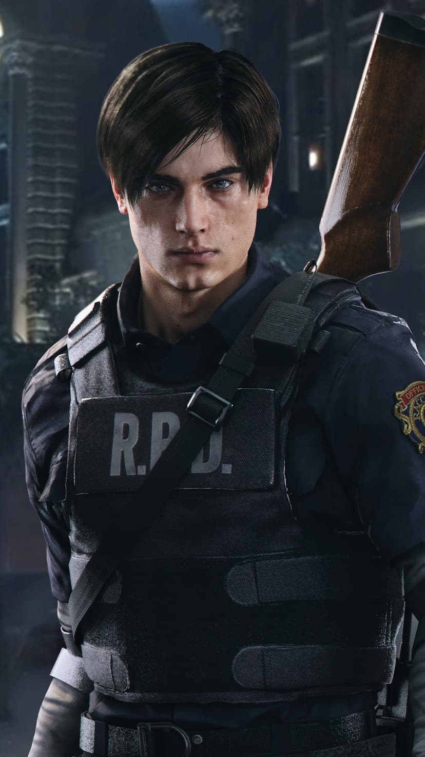 Leon Kennedy in his RPD tactical vest with a shotgun over his shoulder in a dark, moody cinematic scene.
