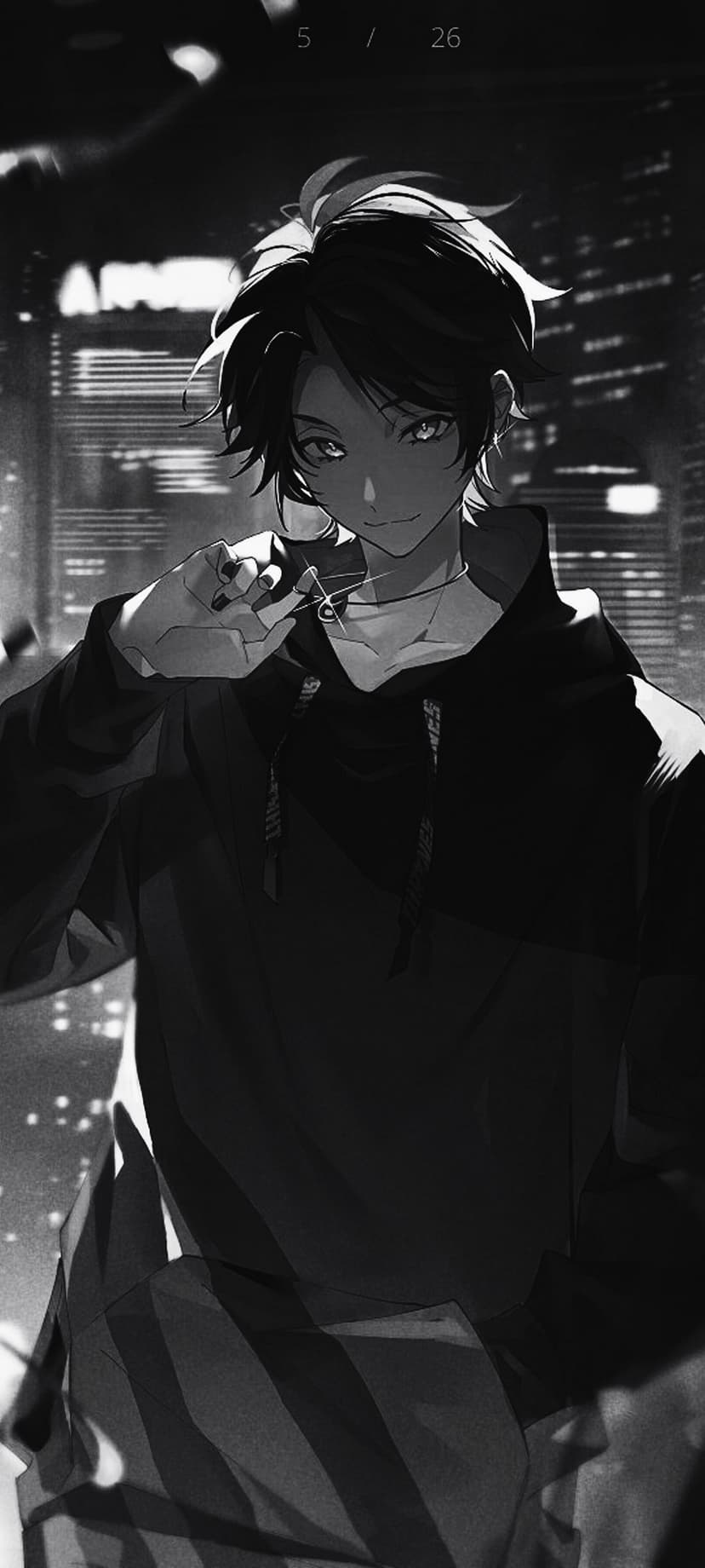 Dark haired anime boy in a black hoodie holding a necklace against a blurred nighttime city skyline background.