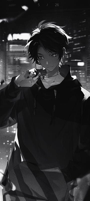 Anime character in black hoodie with city background