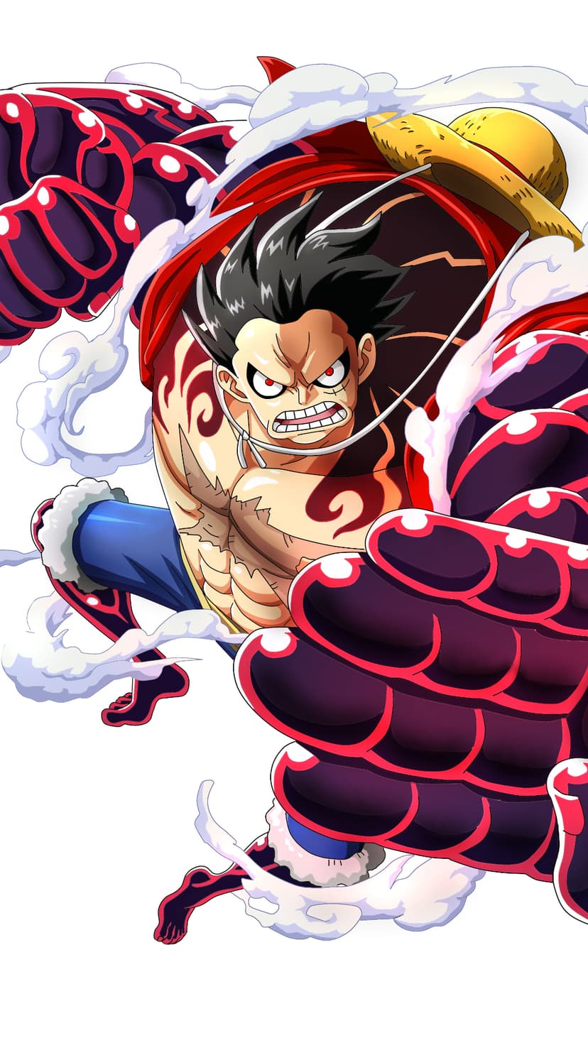 Monkey D. Luffy in Gear 5 form with white hair, glowing eyes, and massive inflated arms in a combat stance.
