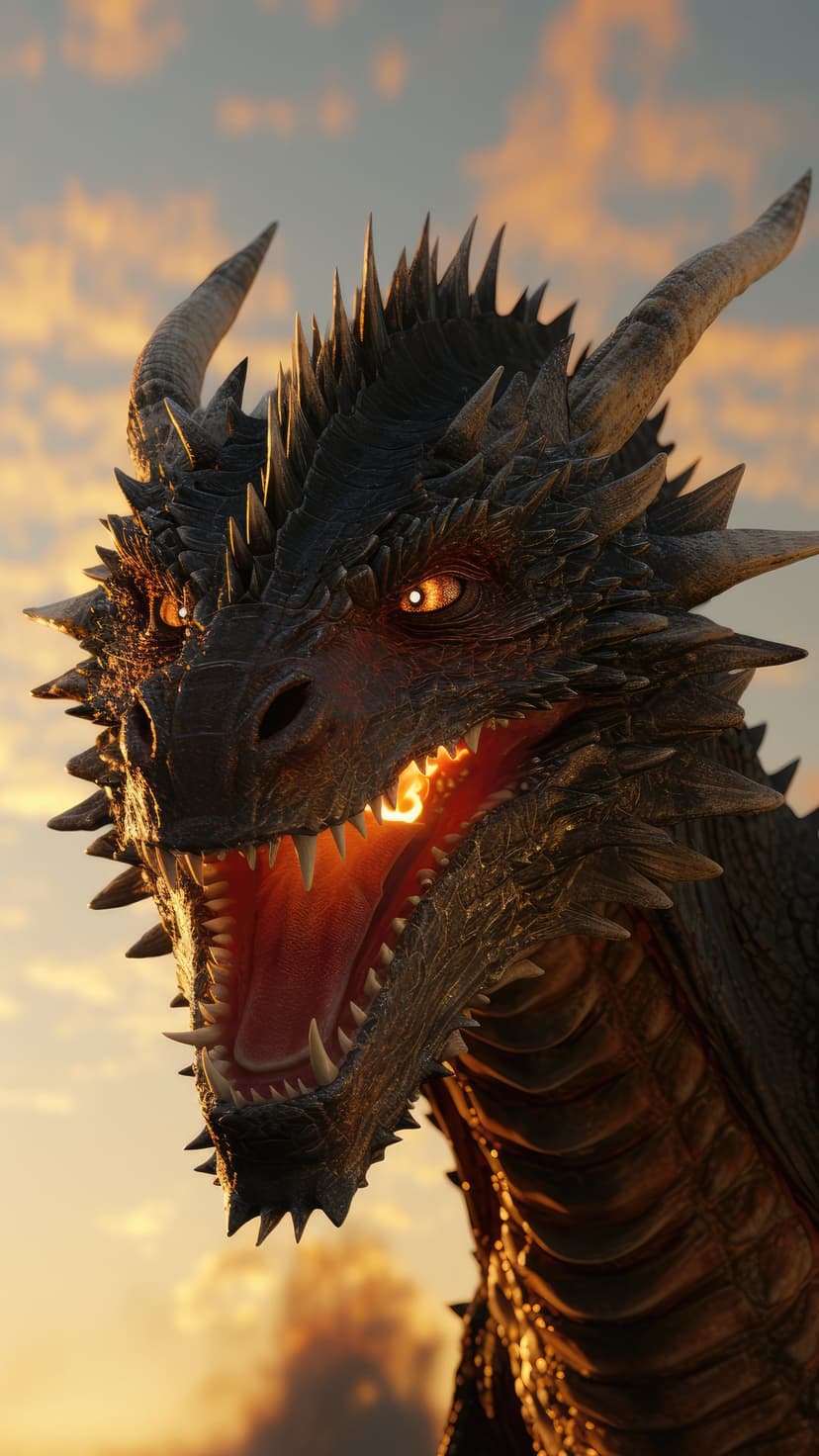 Black dragon head with glowing eyes breathing fire against orange sunset clouds in a portrait view.