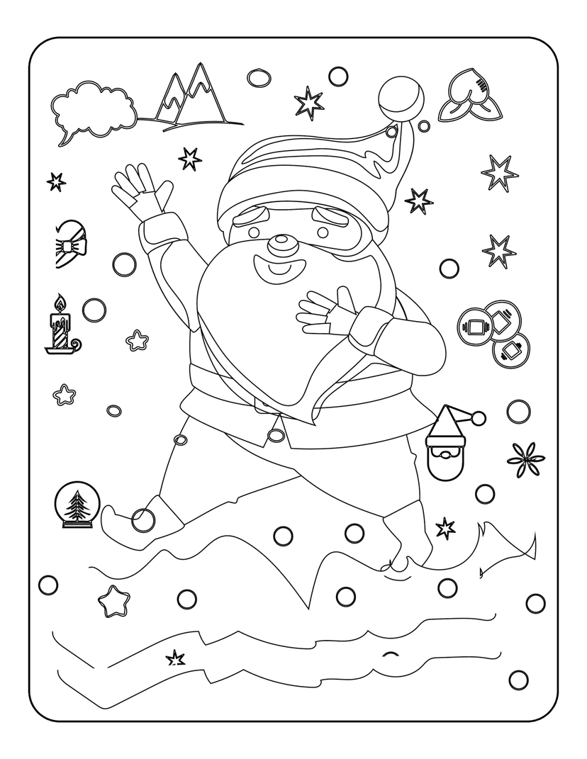 Santa Claus coloring page showing the holiday character in a snowy landscape with stars and a snow globe.