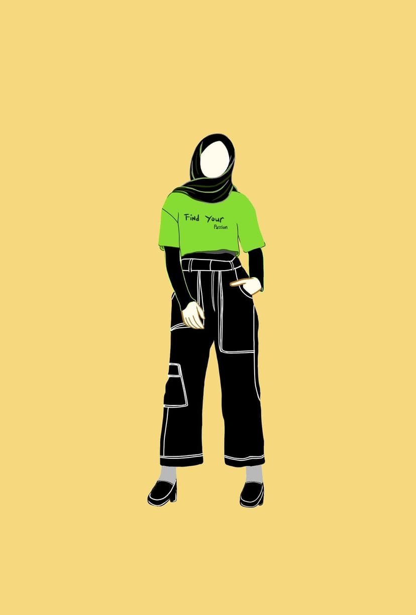 Muslim woman wearing a black hijab and neon green shirt stands against a solid yellow background in cargo pants.