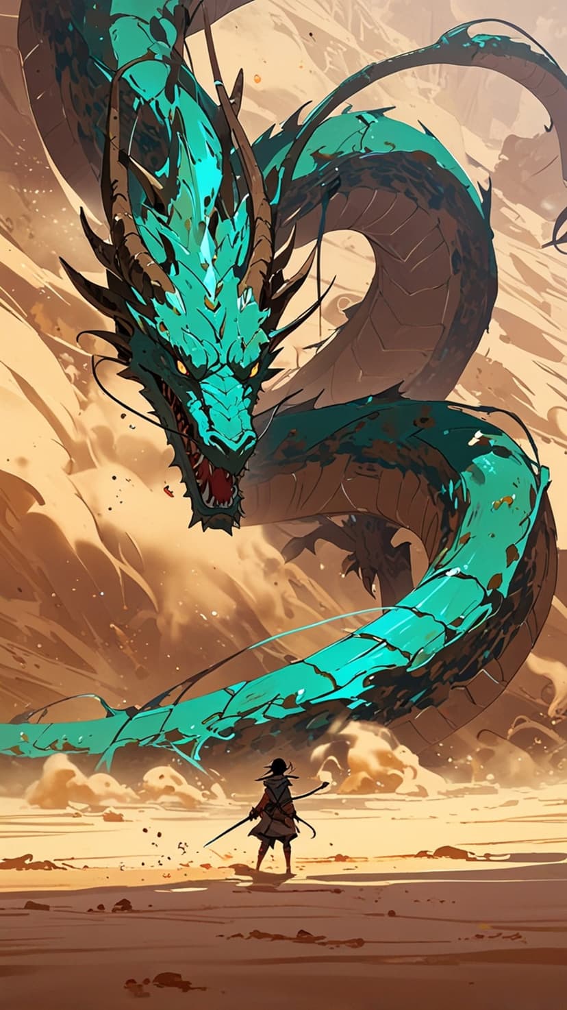 Lone warrior with a sword faces a colossal turquoise dragon with vibrant scales in a sandy desert landscape.