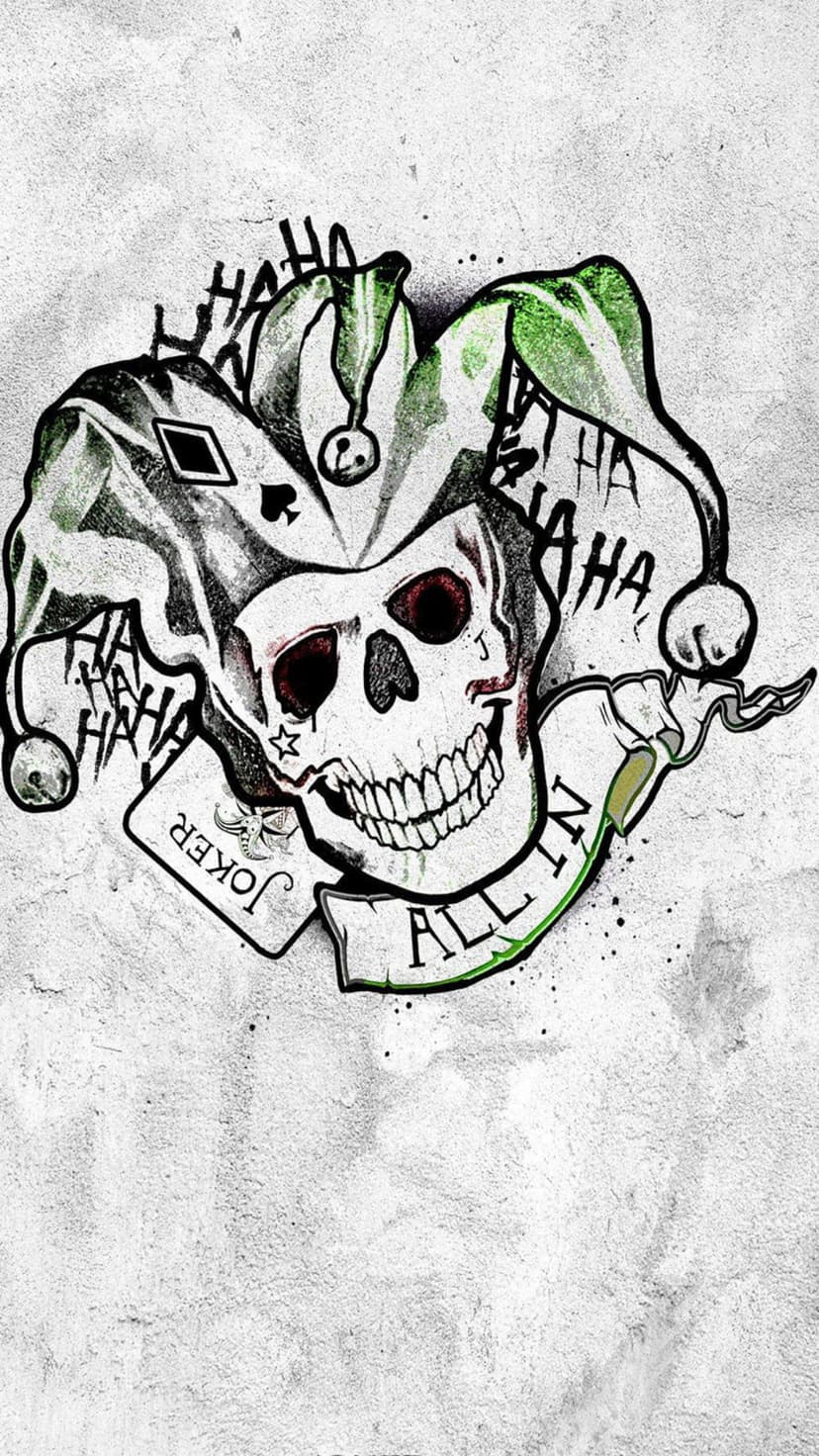 Skull in a jester hat surrounded by playing cards and banners with ha ha ha text for a phone backdrop.