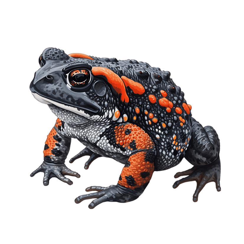 Eastern Spadefoot Toad profile showing dark warty skin and vibrant orange spots against a black background.