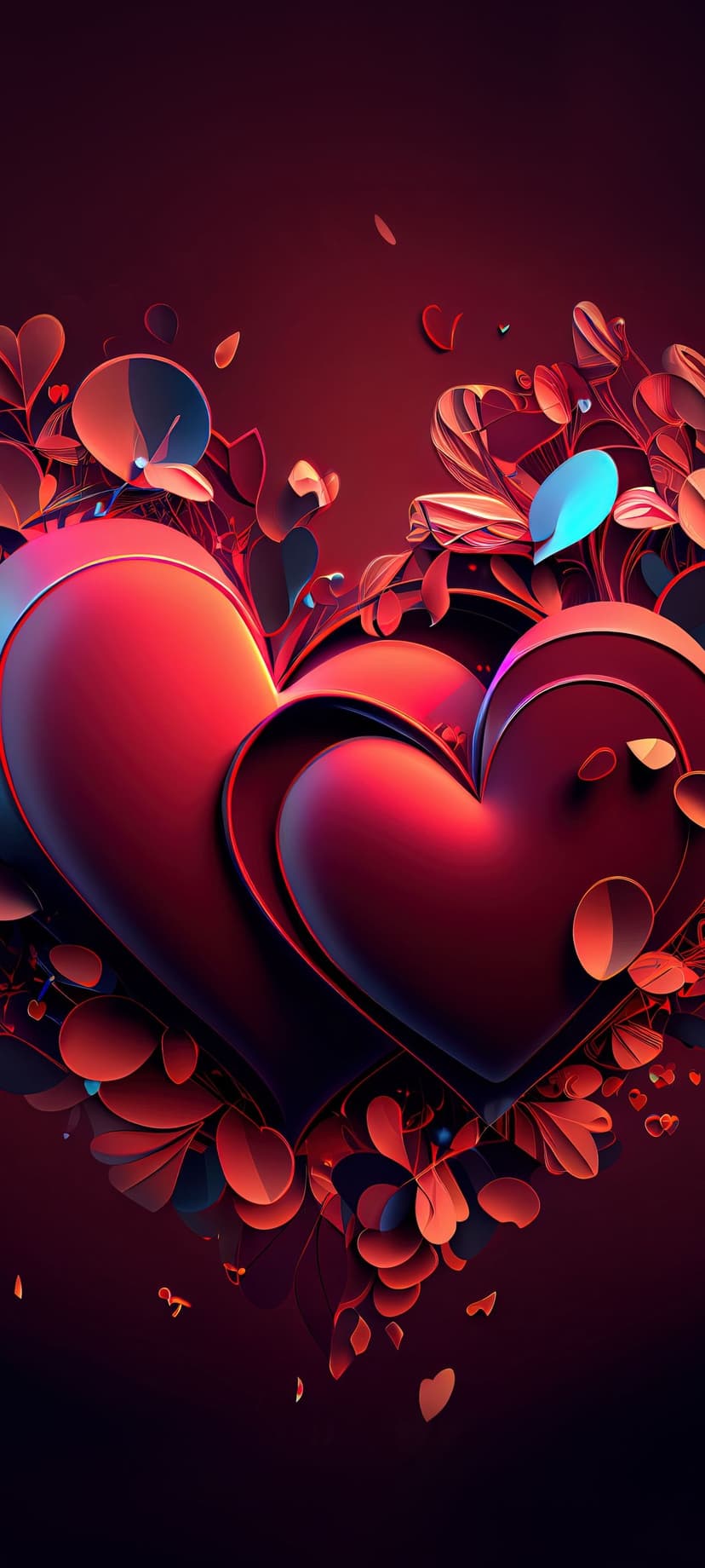 Two intertwined red hearts surrounded by glowing blue and pink leaves on a dark, high-contrast background.