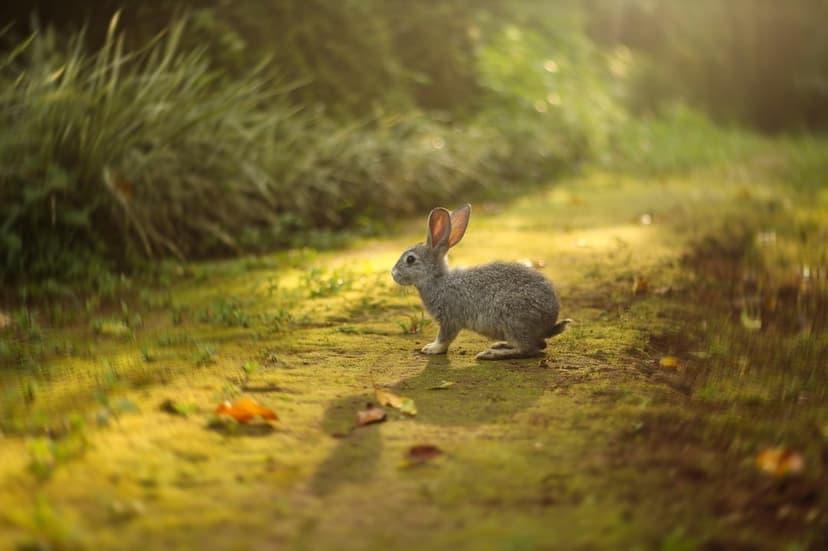 Young rabbit with soft brown fur sits on a mossy forest path illuminated by dappled golden sunlight and leaves.
