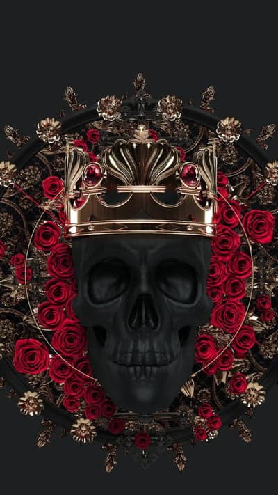 Macabre Black Skull with Golden Crown and Red Roses
