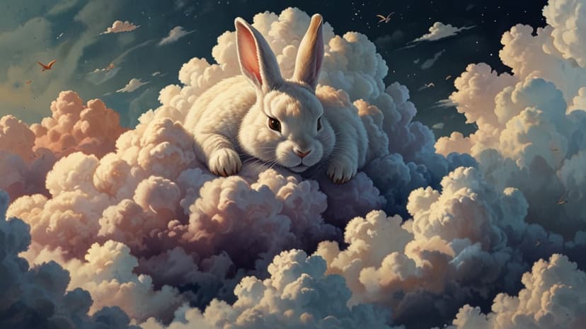 Fluffy white rabbit sleeping on soft clouds against a twilight sky transition with birds and golden light.