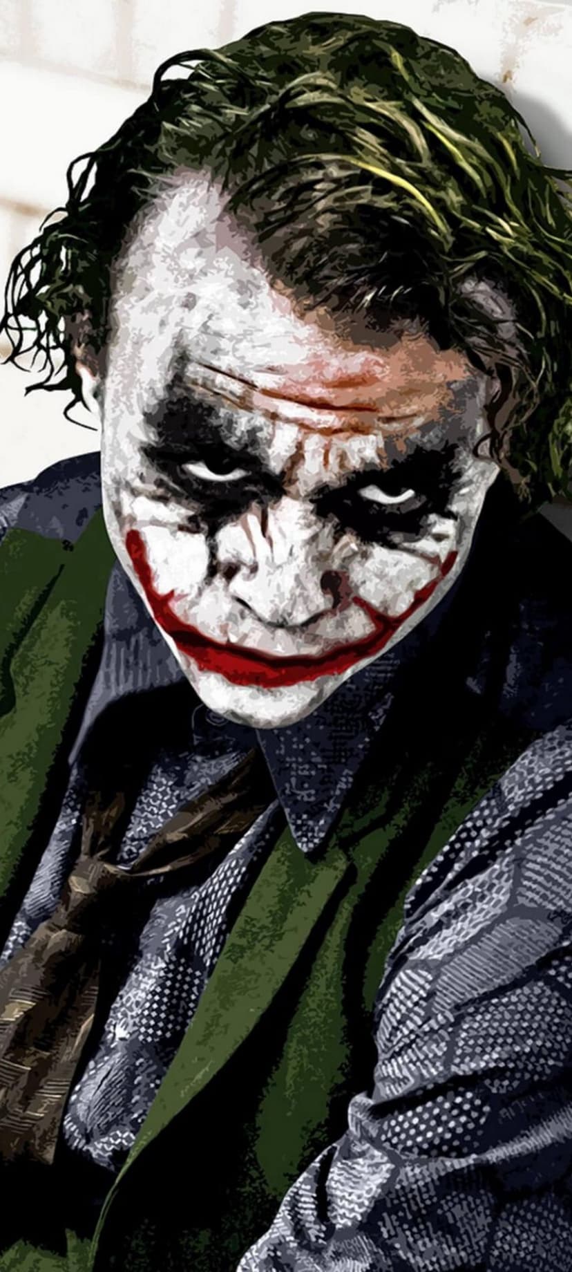 Joker with white face paint, dark eye makeup, red smile, and green hair stares forward in a close-up portrait.