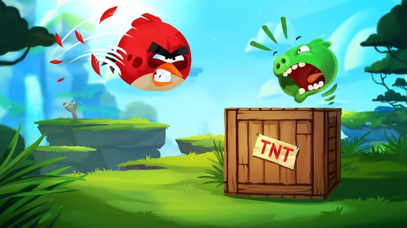 Red bird flying toward a screaming green pig and a wooden TNT crate in a lush green jungle landscape.