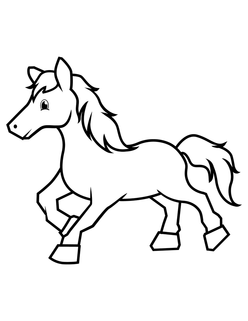 Galloping horse line art illustration shows a black silhouette profile of an equine in mid-stride movement.