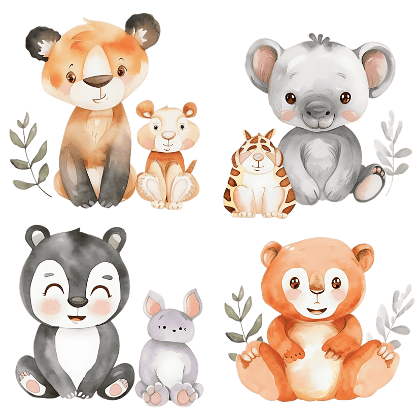 Watercolor jungle animals including a tiger and bear cub painted with soft textures on a dark background.