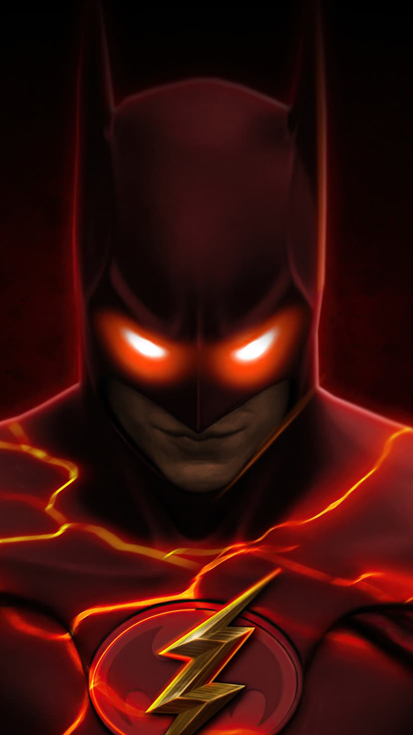Batman Flash hybrid featuring glowing orange eyes and crackling lightning bolts across a dark armored suit.