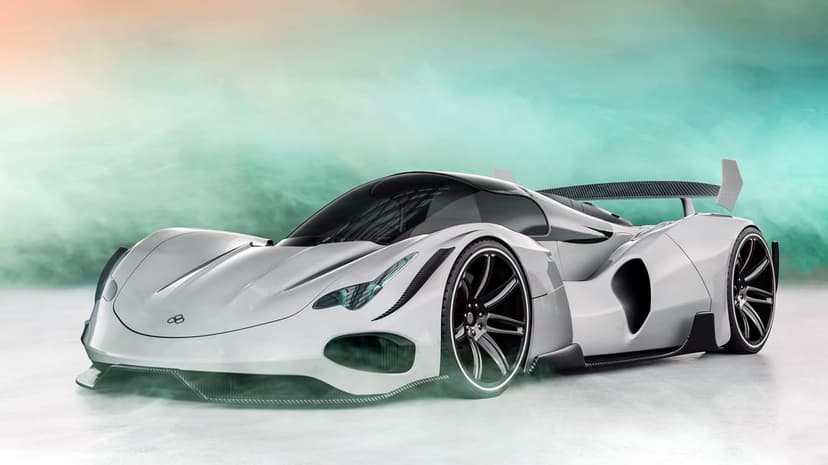 White futuristic supercar with a large rear spoiler and alloy wheels sits in a hazy, soft-lit studio setting.