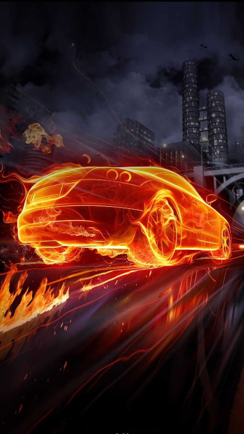 Sleek sports car engulfed in orange flames speeds past neon skyscrapers on a dark urban street at night.