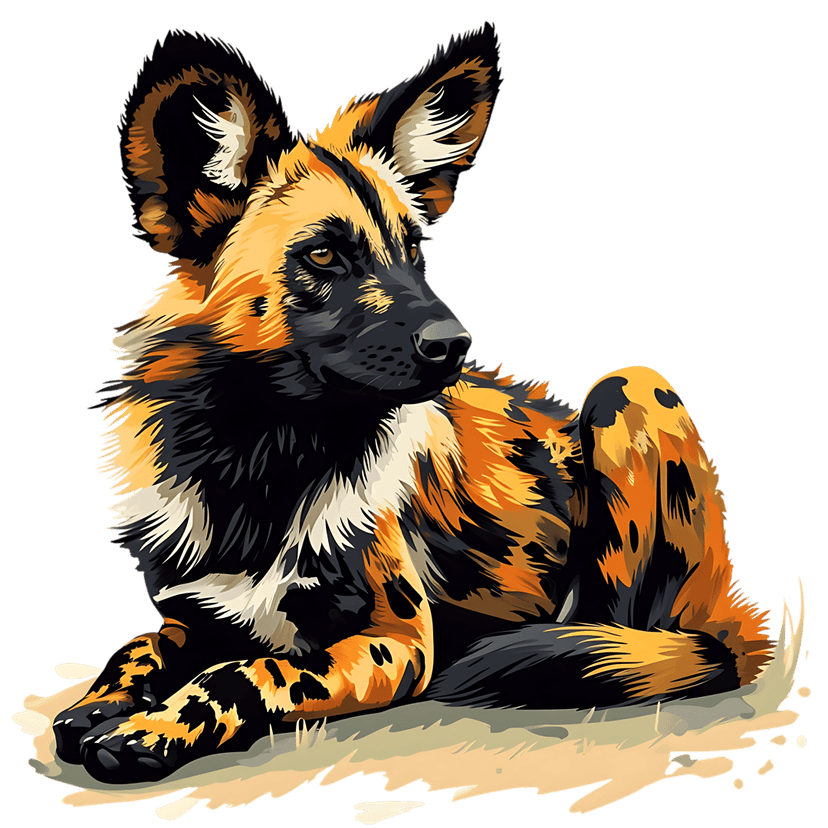African wild dog illustration featuring tri-colored spotted fur and alert ears against a black background.
