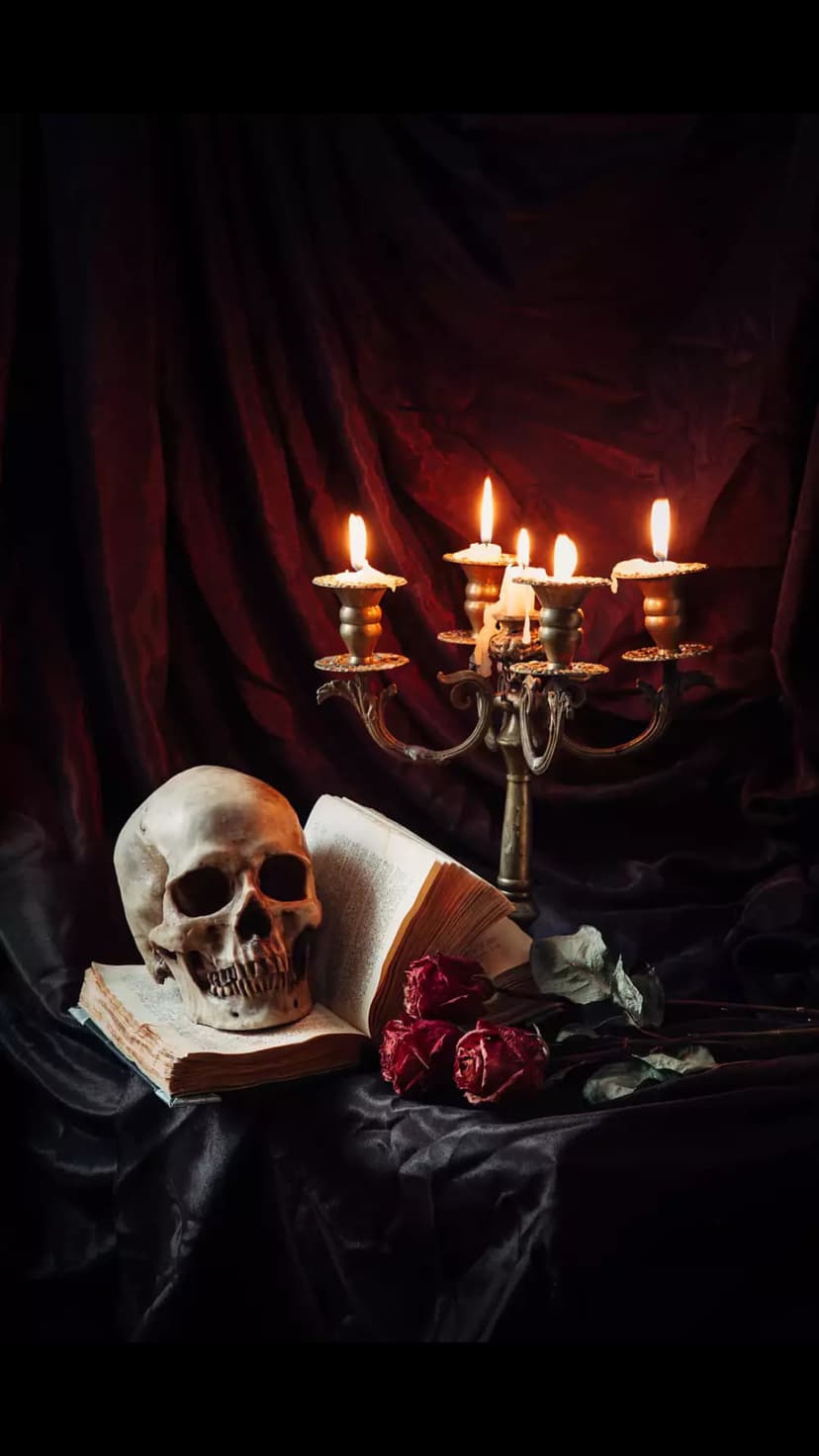Human skull on an antique book beside a lit brass candelabra and dried red roses against dark velvet.