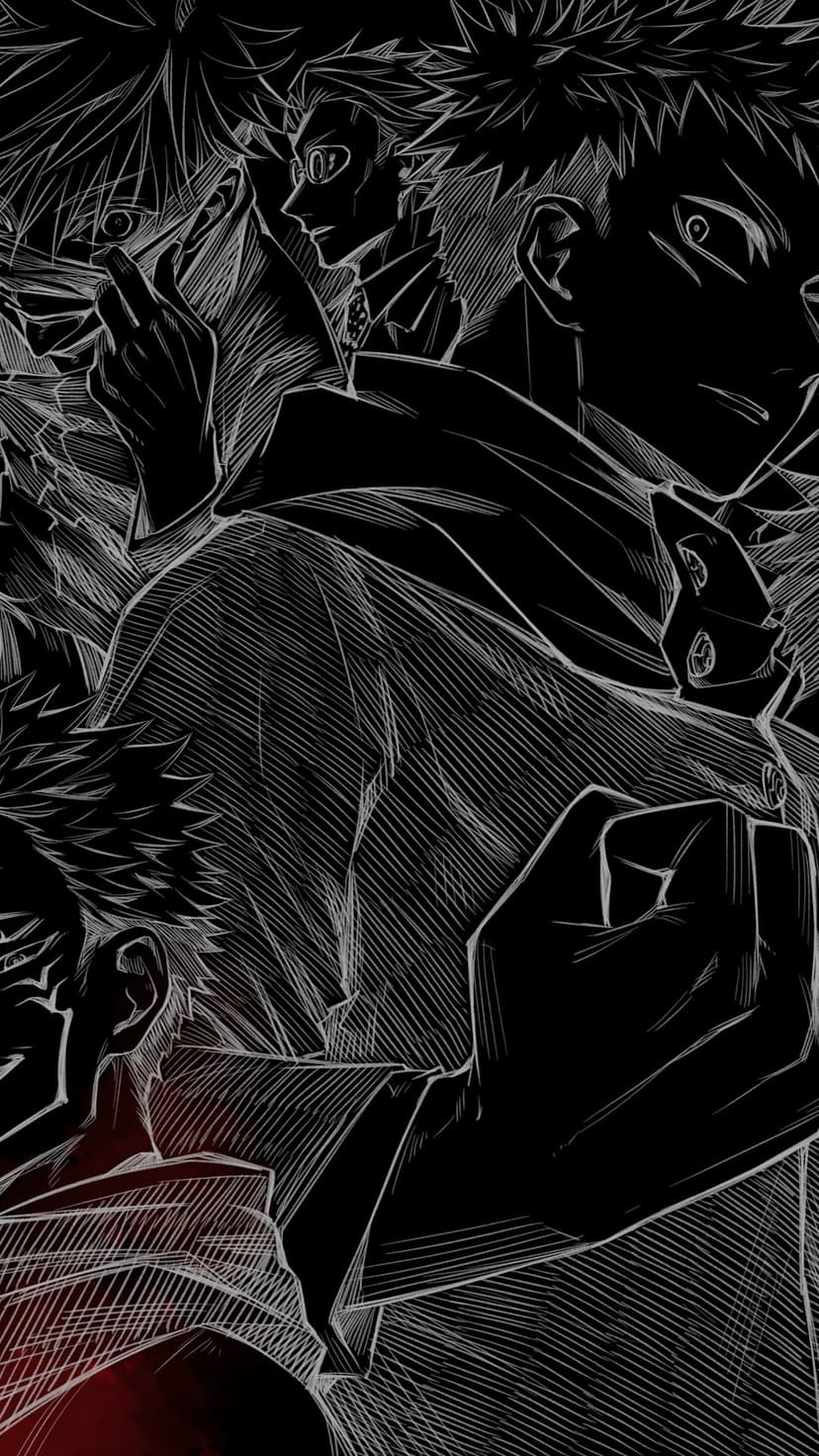 Yuji Itadori and sorcerers in black silhouettes with white line art and a small red splash at the bottom.
