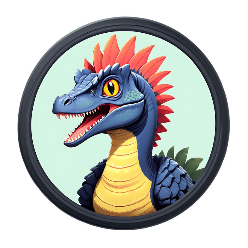 Blue raptor dinosaur illustration with glossy scales and red feathers in a circular frame on a green background.