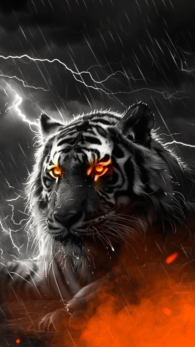 Tiger's face with bright orange eyes emerges from a dark storm while white lightning bolts strike a rainy sky.