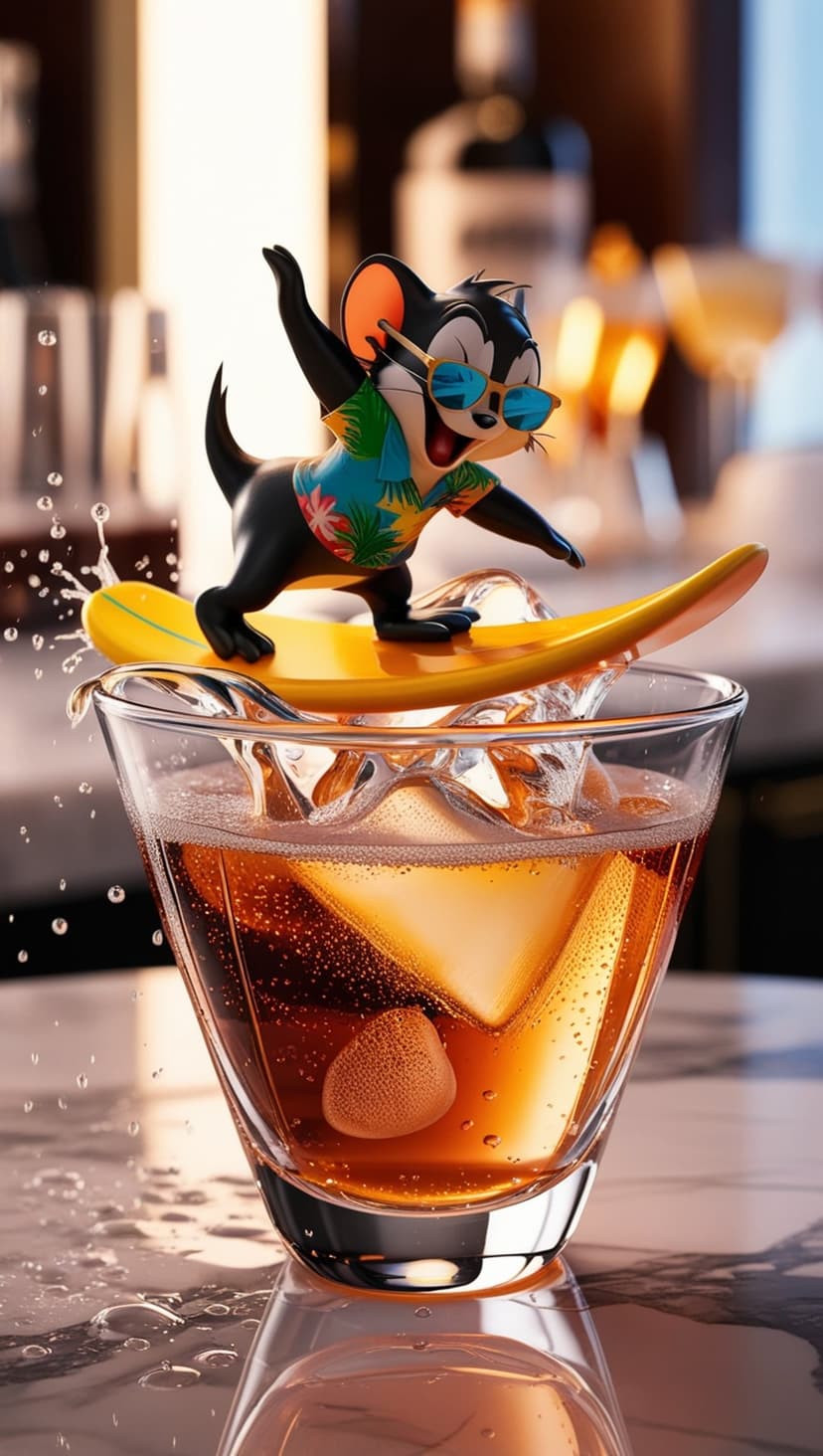 Cartoon mouse surfing on a yellow board over a glass of iced amber liquid with splashing water droplets.