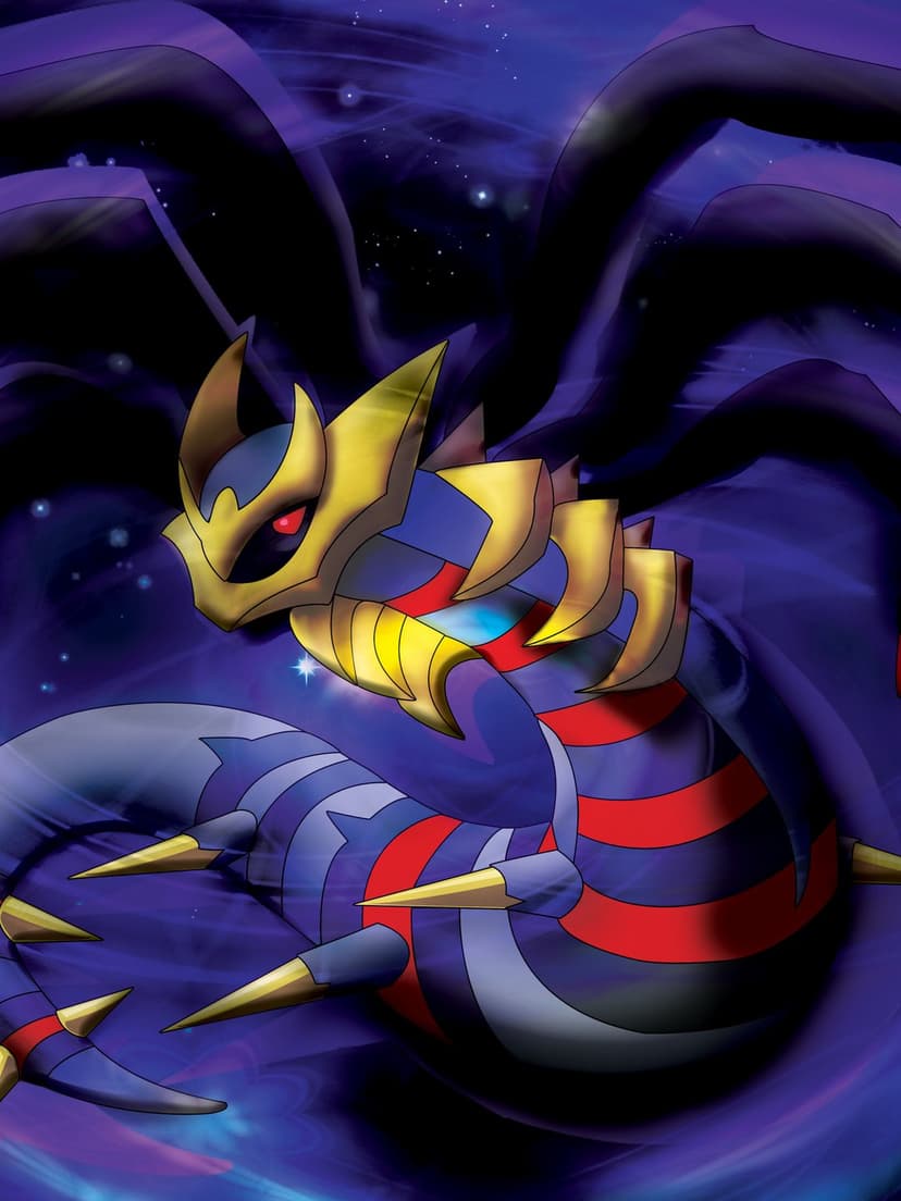 Giratina Origin Forme with gold armor and shadowy wings floating in a dark purple starry space background.
