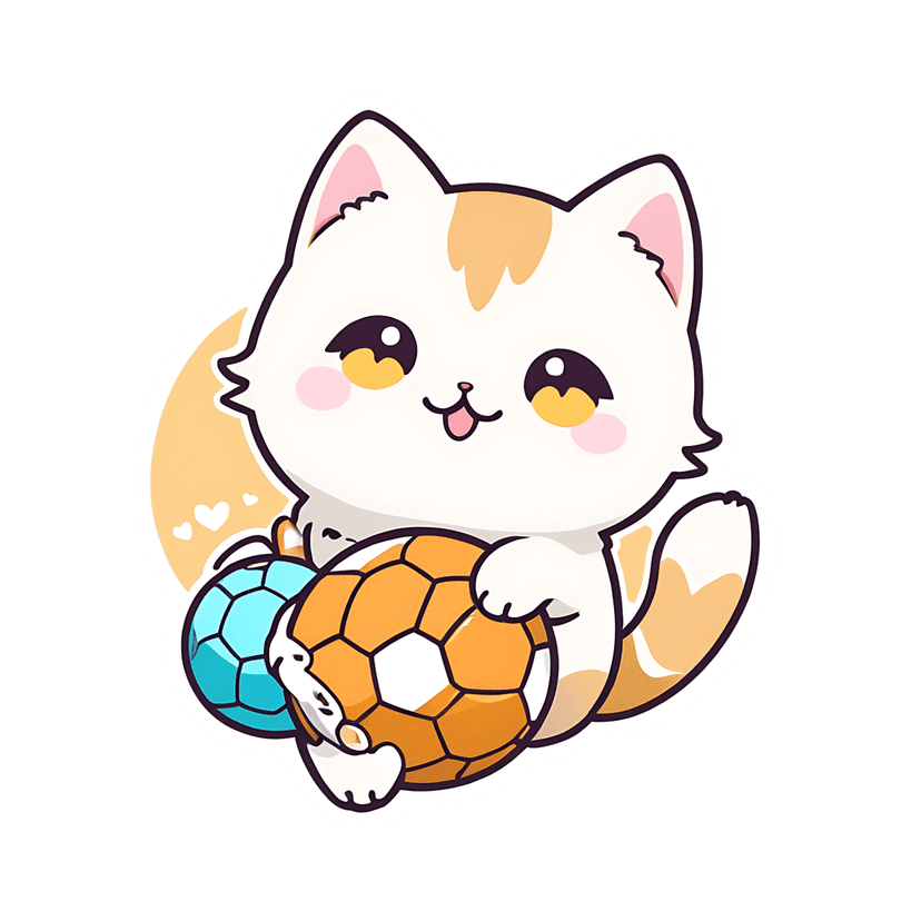 White orange kitten sticker holding soccer balls features a thick dark outline, yellow eyes, and heart icons.