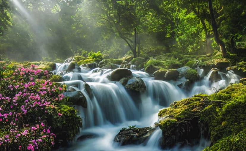 Tiered waterfall cascades over mossy rocks amidst pink wildflowers as sunbeams pierce a dense forest canopy.