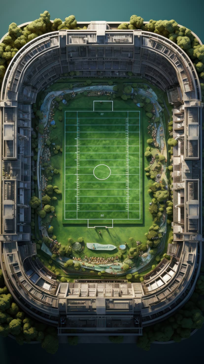 Green football stadium with cascading waterfalls and lush forest surrounds viewed from a high aerial perspective.