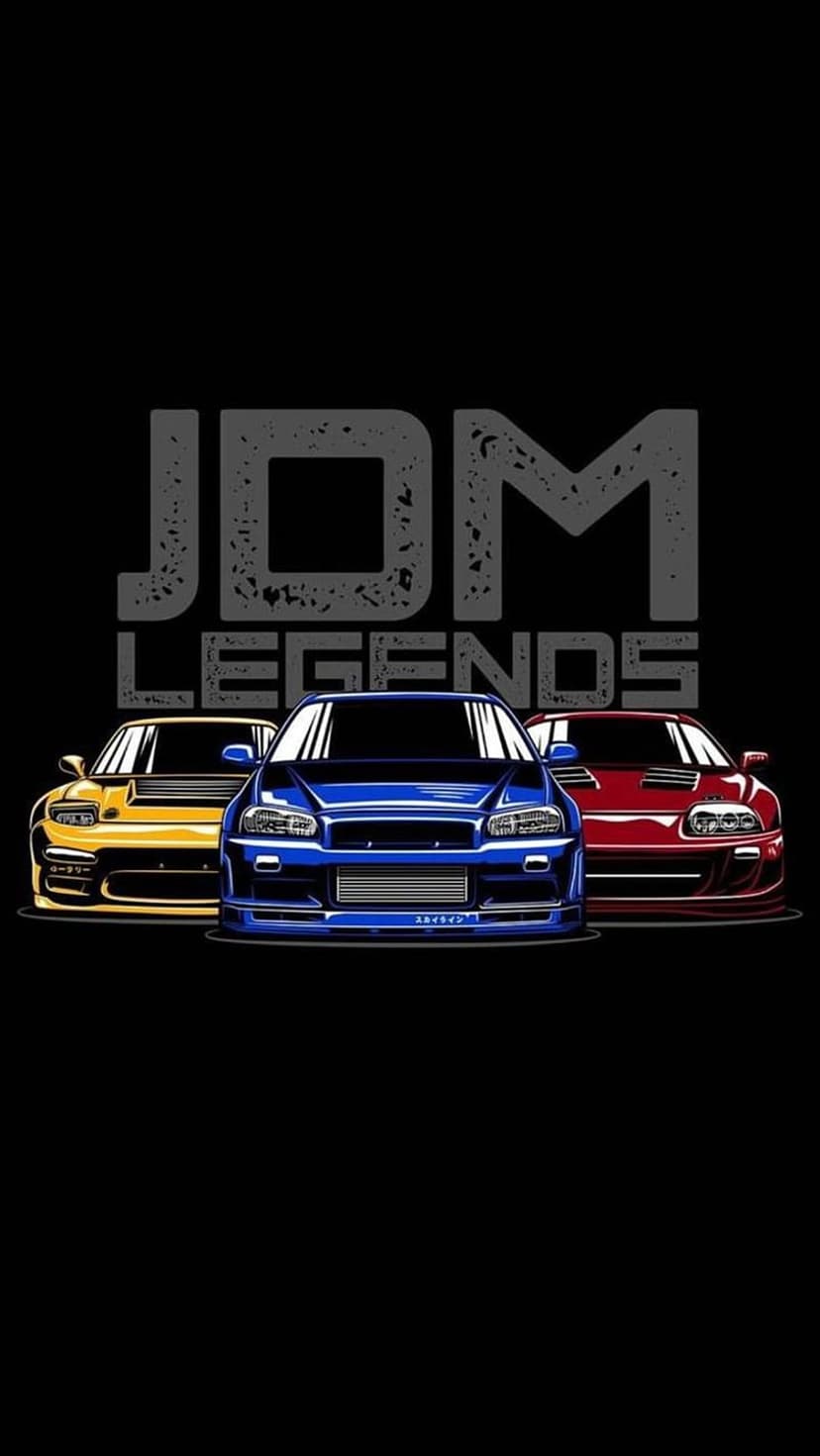Yellow Mazda RX-7, blue Nissan Skyline GT-R, and red Toyota Supra sports cars with JDM Legends text overlay.